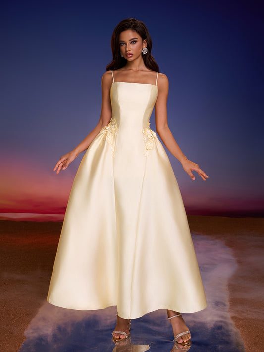Elegant Off-Shoulder Evening Gown with Floral Embellishments - Beige, Fitted Top & Flowy Skirt, Zipper Closure, Perfect for Parties & Formal Events, Formal Evening Gown