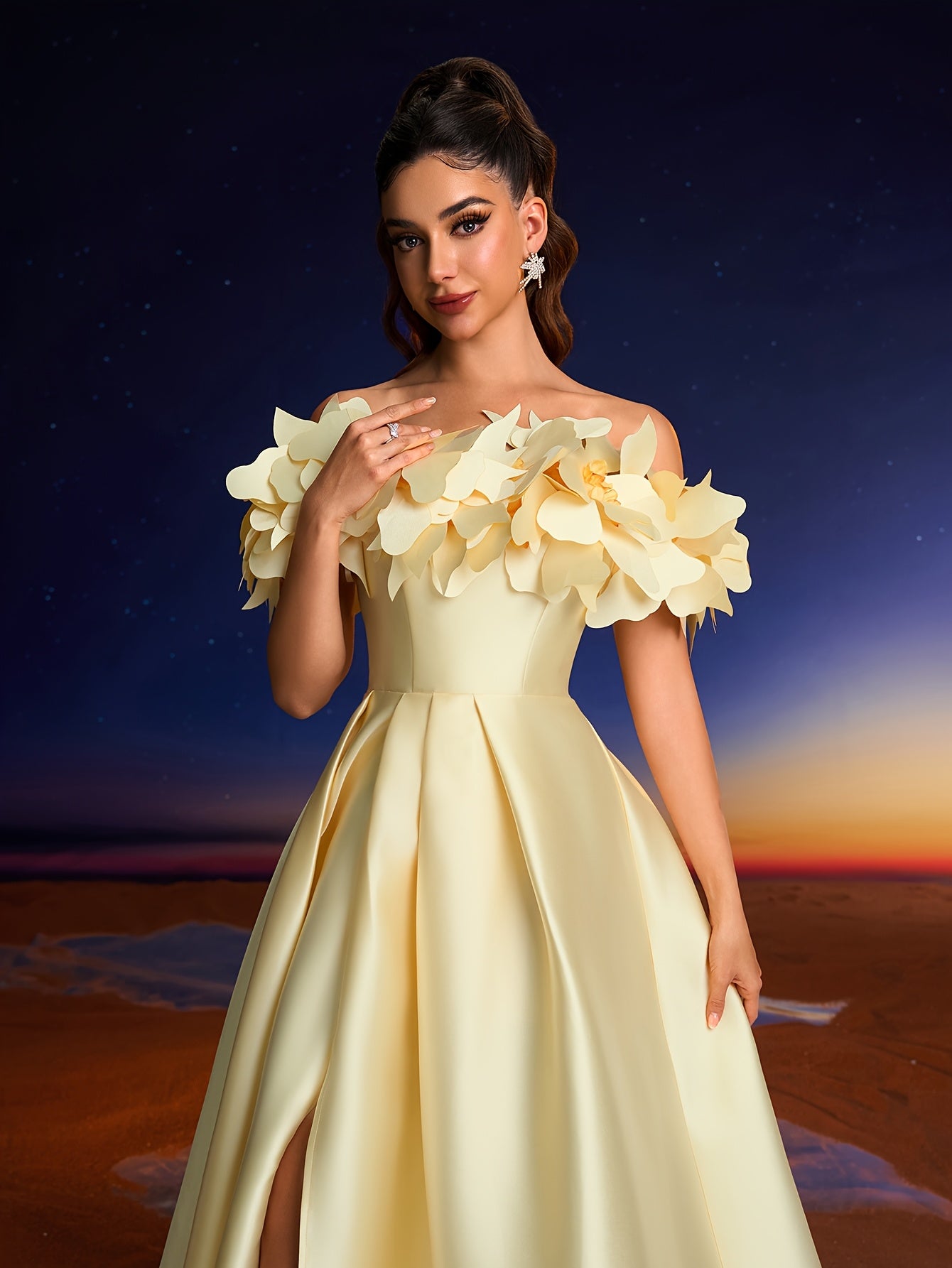 Elegant 3D Hand-Painted Floral Off-Shoulder Gown for Women - Chic Yellow Formal Evening Dress with Ruffled Sleeves, Perfect for Parties, Dinners, and Family Gatherings, Formal Evening Gown