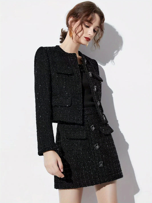Two-Piece Black Design Niche Fragrance Wind Suit with Braided Rhinestone Button Jacket + Short Skirt 28688