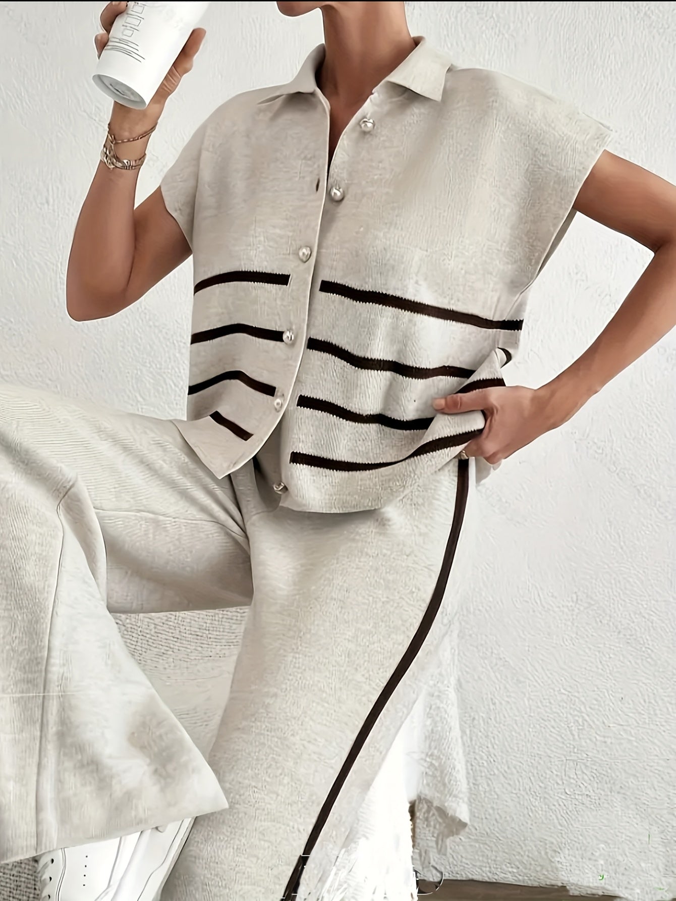 Niannian Women'S Casual Striped Suit - Beige & Black, Short Sleeve, Button-Up Blazer with Lapel Collar, Wide-Leg Pants, All-Season Wear, Casual Attire|Striped Pattern|Buttonup Blazer
