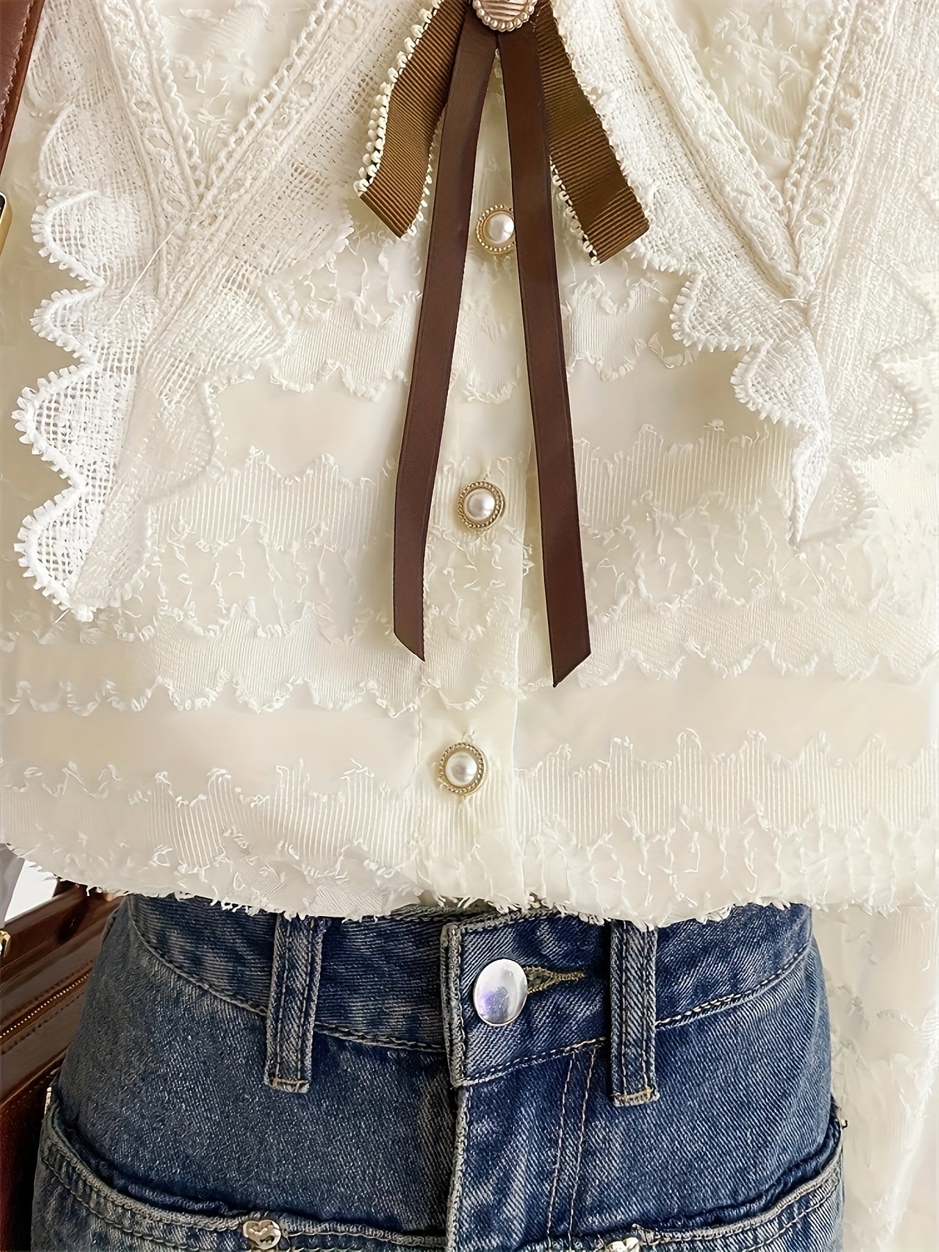 Women's Blouse - Elegant Long Sleeve Shirt with Turn- Collar, Non-See-Through Structured Blouse for Office, Formal Events, Everyday Outfits - Machine Washable Women's Tops, Casual Chic Top, Lace Detailed Clothing