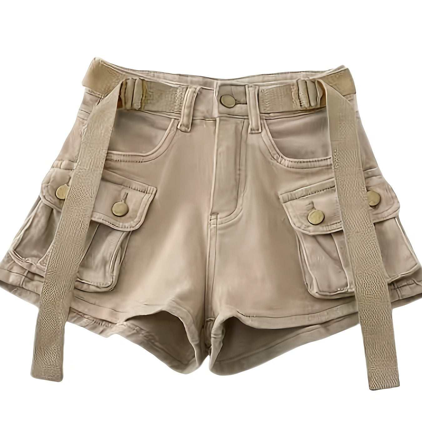 Women's High-Waisted Stretch Slim-Fit Casual Cargo Shorts - Olive Green Retro American Style with Pockets & Built-In Zipper, Machine Washable Summer Shorts for Spring\u002FSummer