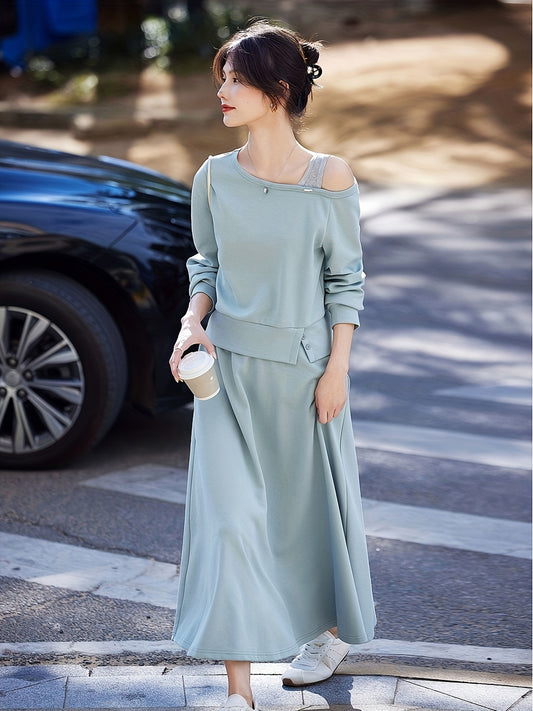 Chic Off-Shoulder Ribbed Top & Pleated Midi Skirt Set - Casual Two-Piece, Loose Fit, Long Sleeve, Solid Color, Spring\u002FFall Women'S Outfit, Casual Attire|Asymmetrical Neckline| Construction, Off Shoulder Top