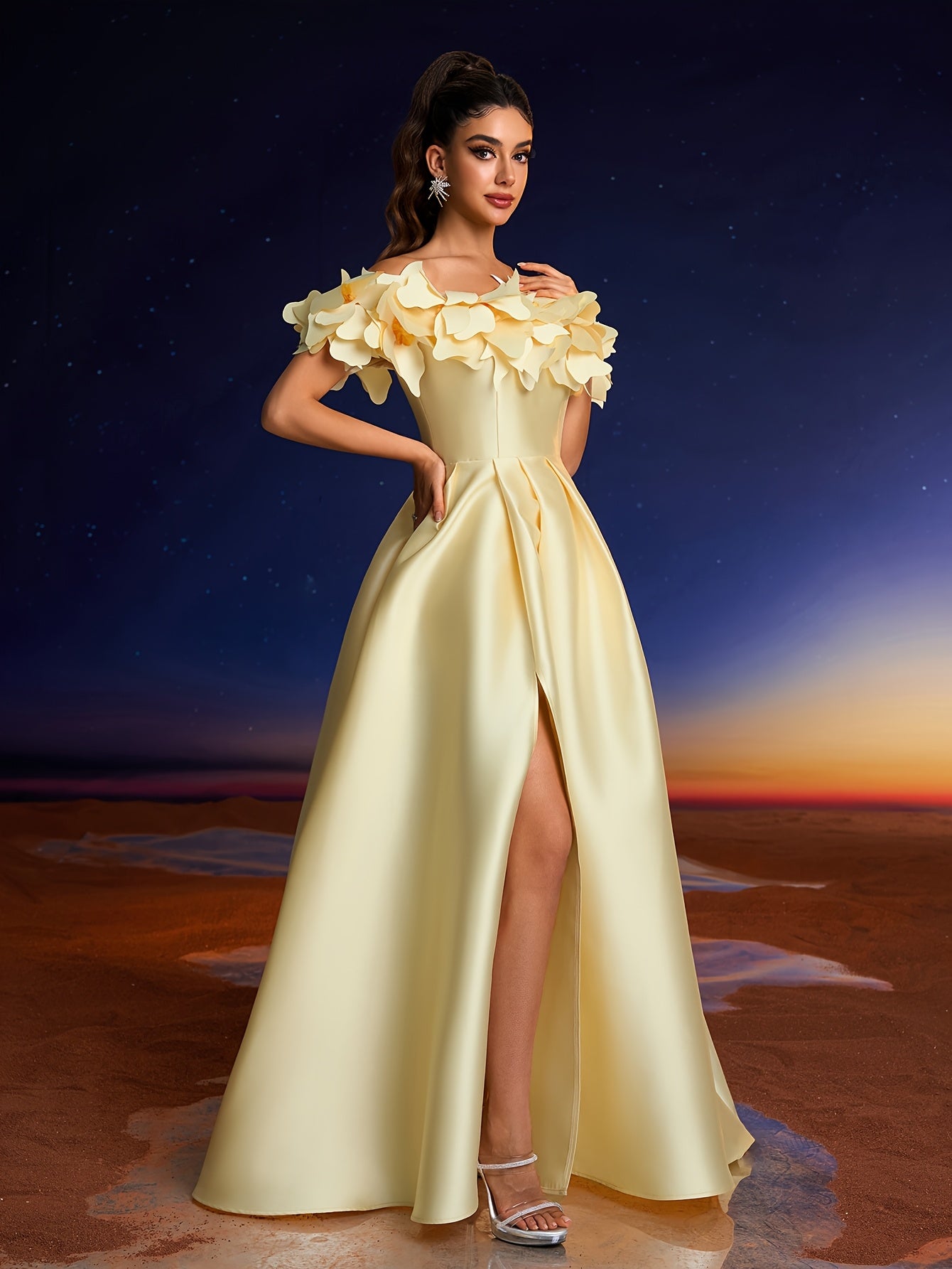 Elegant 3D Hand-Painted Floral Off-Shoulder Gown for Women - Chic Yellow Formal Evening Dress with Ruffled Sleeves, Perfect for Parties, Dinners, and Family Gatherings, Formal Evening Gown