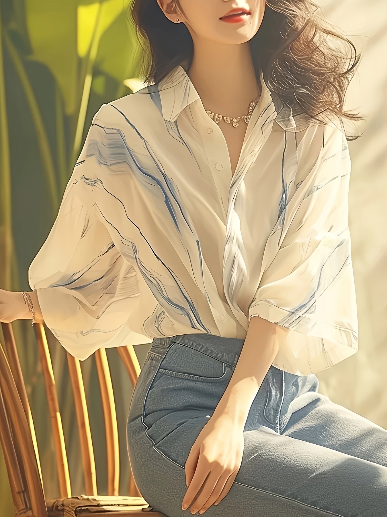 Elegant Women's Blue Marbled Stripe Blouse - Lightweight 3\u002F4 Sleeve Shirt with White Collar, Versatile Summer Top for Casual or Dressy Outfits, Outfit Versatile, Sophisticated Casual, Decorative Pearl Detail