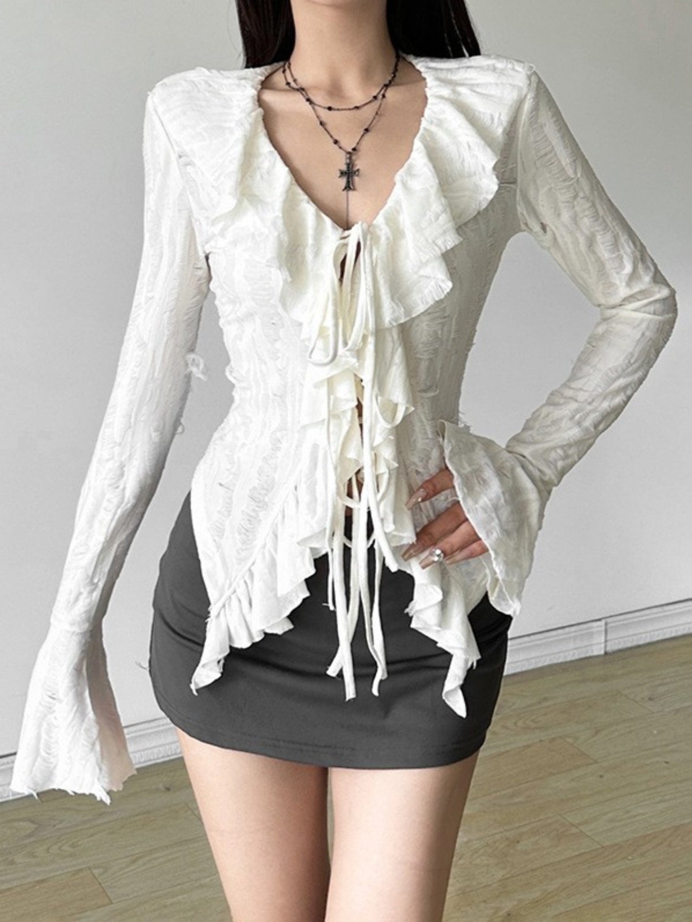 Cute Spice Slim Short T-Shirt, Women'S Solid Color Ruffled Fringe V-Neck Long Sleeve Slim Fashion T-Shirt