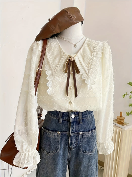 Women's Blouse - Elegant Long Sleeve Shirt with Turn- Collar, Non-See-Through Structured Blouse for Office, Formal Events, Everyday Outfits - Machine Washable Women's Tops, Casual Chic Top, Lace Detailed Clothing