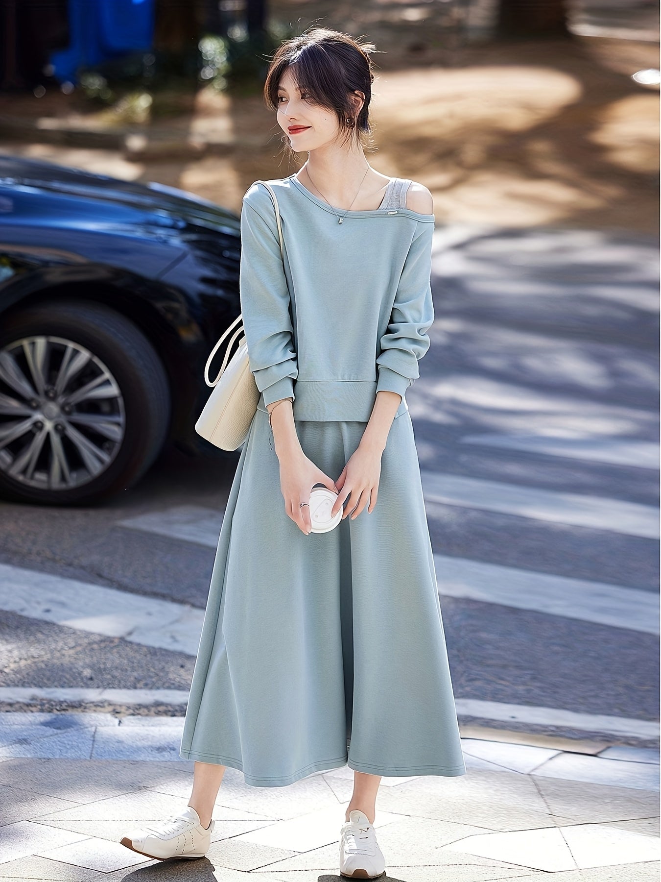 Chic Off-Shoulder Ribbed Top & Pleated Midi Skirt Set - Casual Two-Piece, Loose Fit, Long Sleeve, Solid Color, Spring\u002FFall Women'S Outfit, Casual Attire|Asymmetrical Neckline| Construction, Off Shoulder Top
