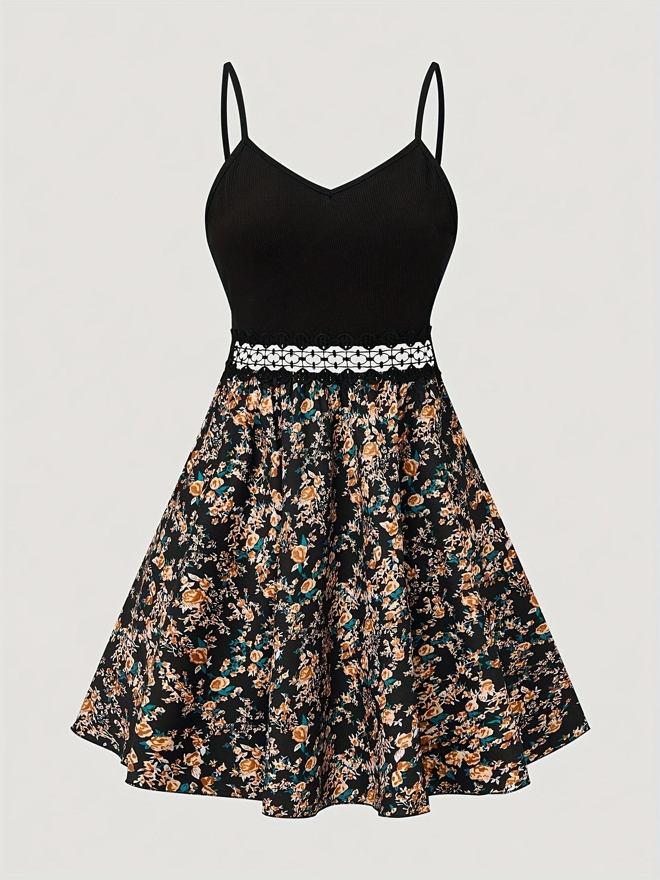Women'S Sleeveless Floral Print Sundress with Cut-Out Waist Detail - Black V-Neck A-Line Mini Dress for Summer, Elegant Polyester Blend, Casual Style, Floral Print Dress
