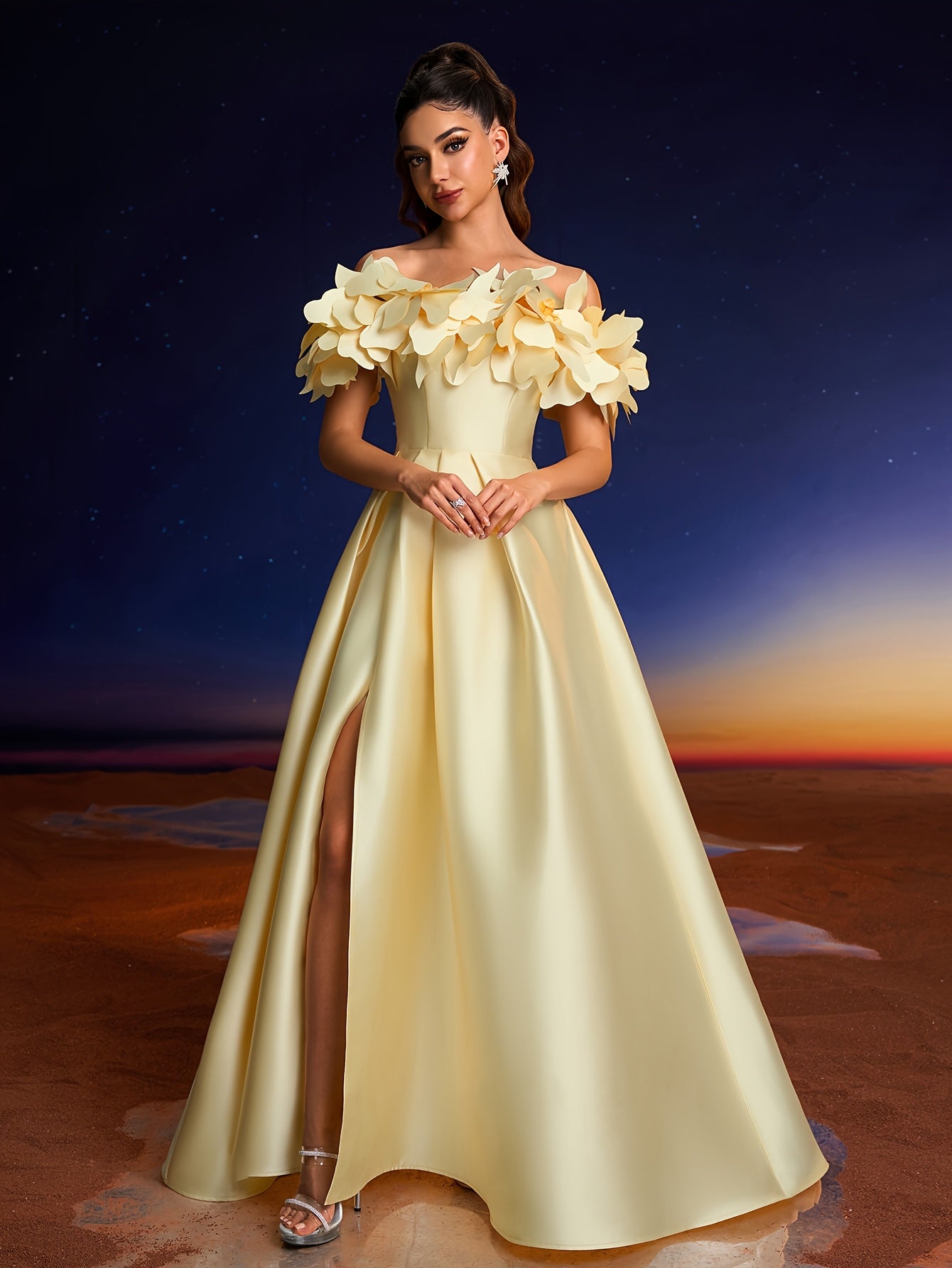 Elegant 3D Hand-Painted Floral Off-Shoulder Gown for Women - Chic Yellow Formal Evening Dress with Ruffled Sleeves, Perfect for Parties, Dinners, and Family Gatherings, Formal Evening Gown