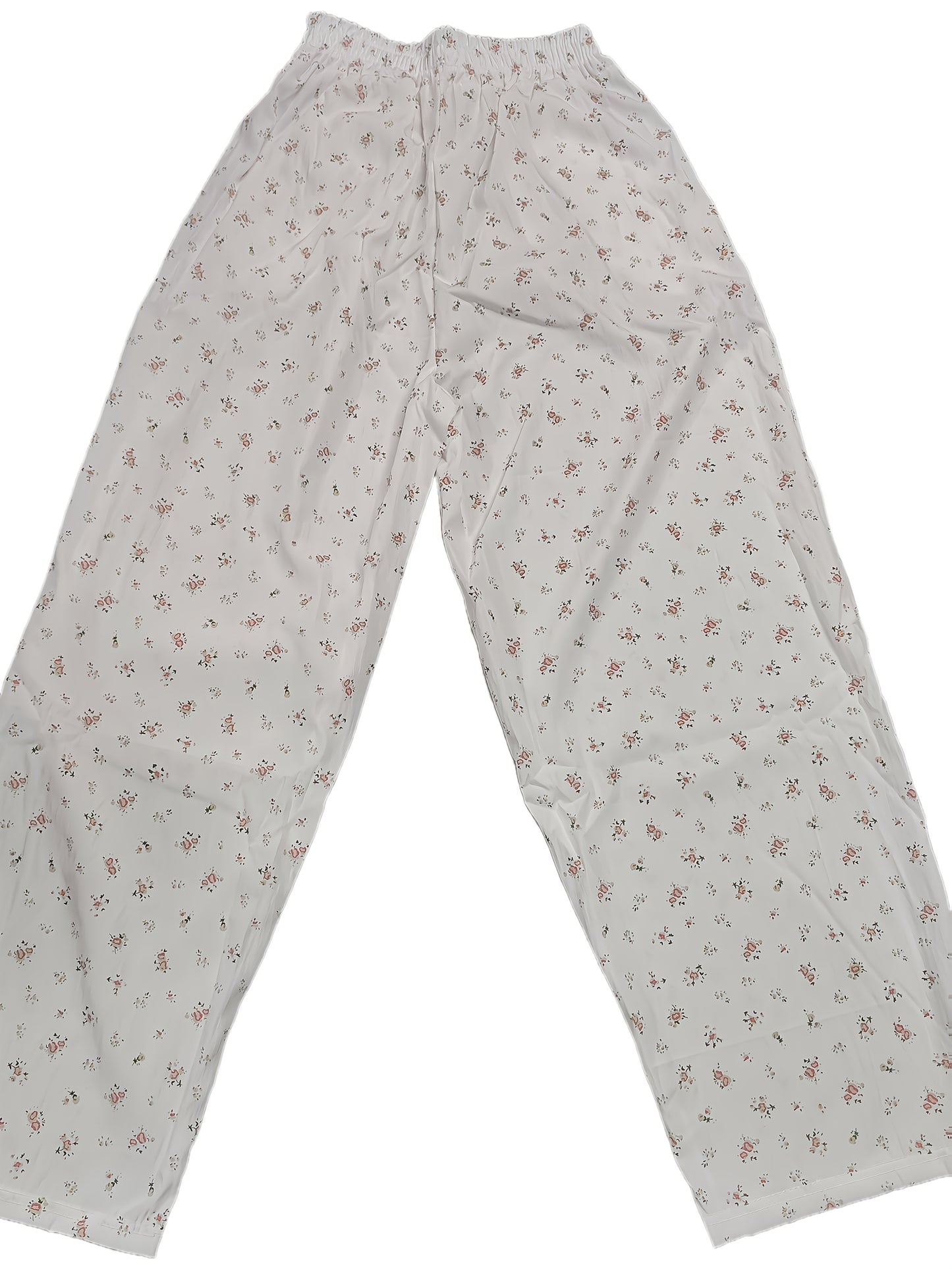 Women'S White Floral Wide Leg Pants, High Waist, Relaxed Fit, Polyester, for Spring\u002FSummer 2025