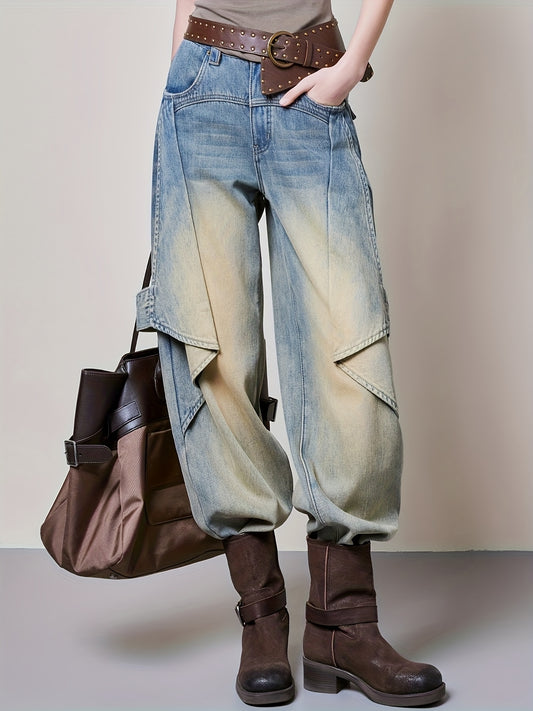 MEIYANG Women's Casual Paper Airplane Washed Denim Pants - Straight-Leg Mid-Calf Length with Ombre Blue to Beige Gradient, Machine Washable Non-Stretch Jeans for Spring\u002FFall Outings, Spring Fall Clothing, Durable Fabric Jeans