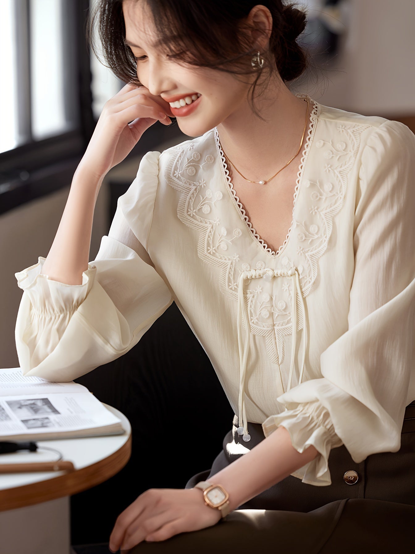 Women's Elegant V-Neck Blouse - Non-Transparent Long Sleeve Shirt, Office & Formal Events - XWI Women's Elegant Shirt for Spring\u002FSummer Everyday & Special Occasions, Special Occasion Top, Intricate Embroidery