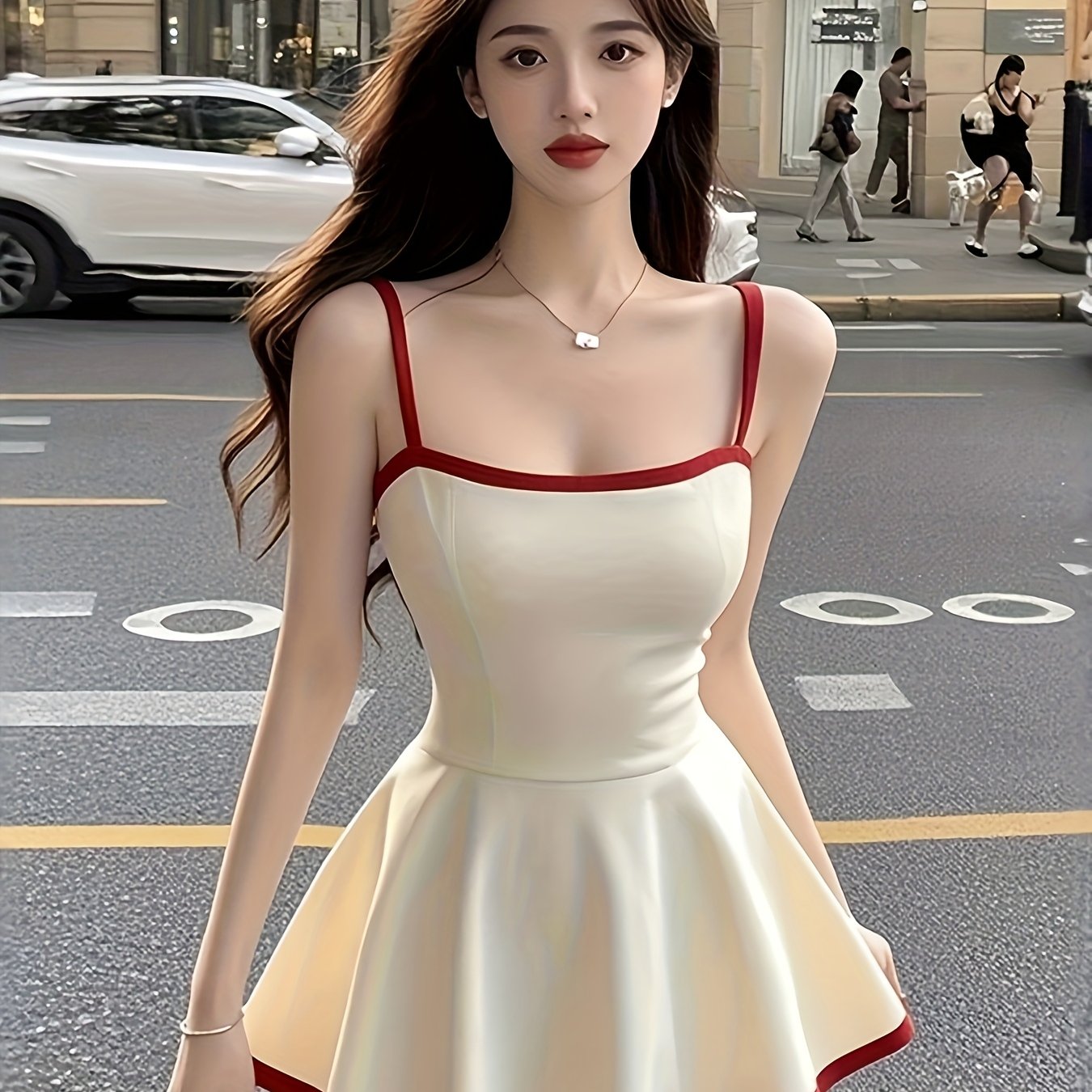Elegant French-Inspired Color Block Cami Dress - Sleeveless, Backless, Ruffled Hem, Cinched Waist, Summer Chic for Women, White with Red Trim, Polyester Fabric, Cute Dress