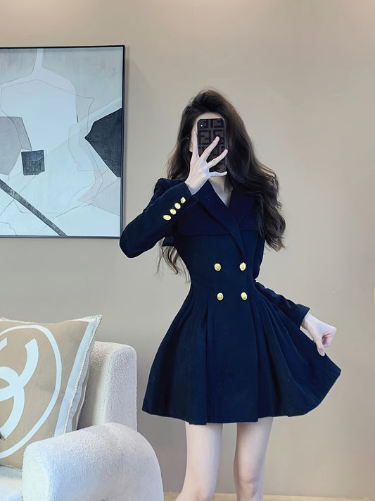 Elegant French-Inspired Navy Blue A-Line Dress for Women - Chic Waist-Cinching, Button-Up Blazer with Lapel Collar, Perfect for Spring\u002FFall, Office or Casual Wear, Office Attire | Frenchinspired Design | Tailored Fit
