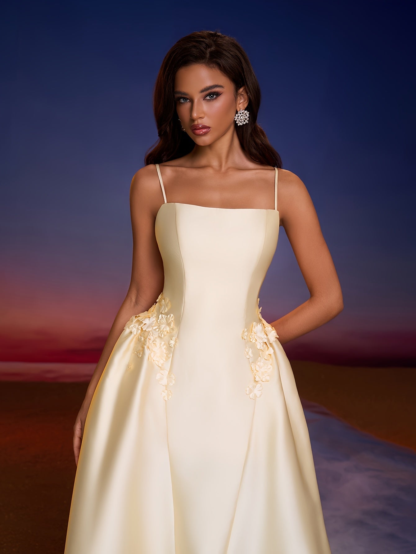 Elegant Off-Shoulder Evening Gown with Floral Embellishments - Beige, Fitted Top & Flowy Skirt, Zipper Closure, Perfect for Parties & Formal Events, Formal Evening Gown