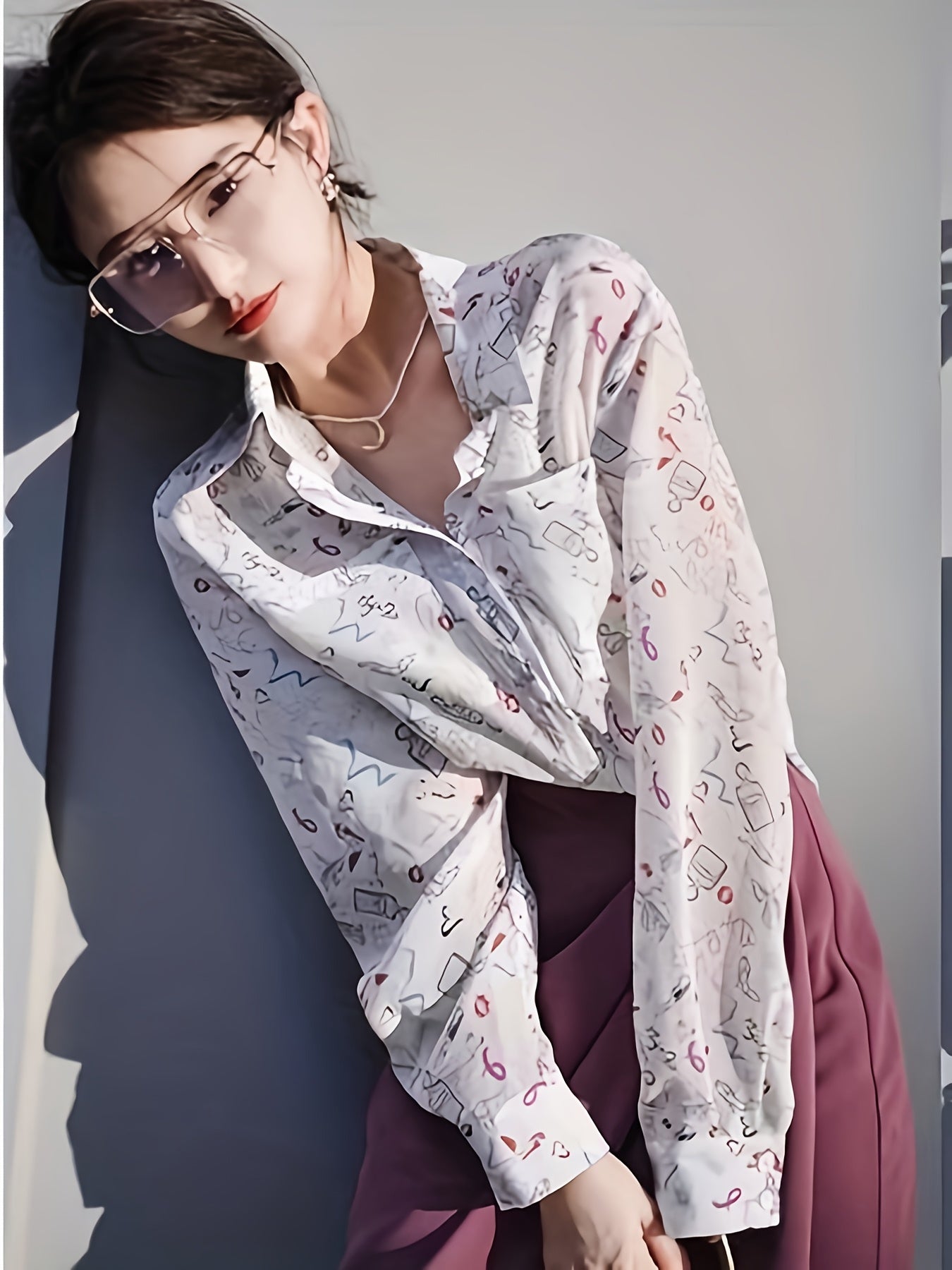 Women's French Retro Geometric Print Long Sleeve Shirt - Lightweight Semi-Sheer Collared Blouse with Pastel Pink & Multicolor Patterns, Summer Casual Top for Outings & Office, Japanese Korean Style, Classic Collared Design, Elegant Texture