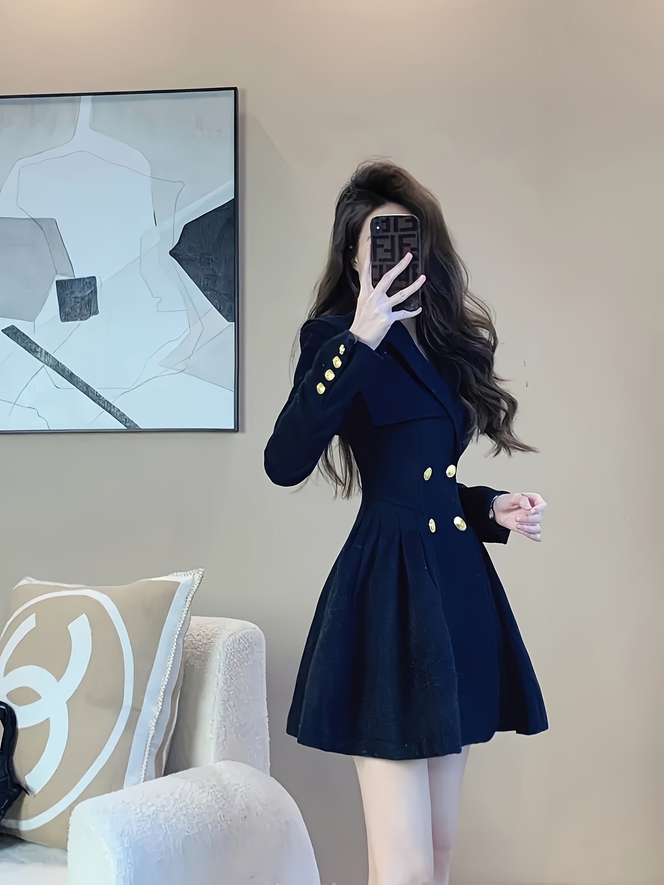 Elegant French-Inspired Navy Blue A-Line Dress for Women - Chic Waist-Cinching, Button-Up Blazer with Lapel Collar, Perfect for Spring\u002FFall, Office or Casual Wear, Office Attire | Frenchinspired Design | Tailored Fit