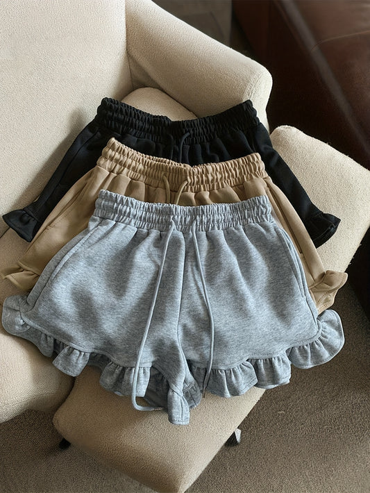 Casual Shorts Set 3pcs Women's Casual Shorts Set - Comfortable Elastic Waistband, Ruffled Hem & Drawstring Waist, Solid Color, All-Season Wear