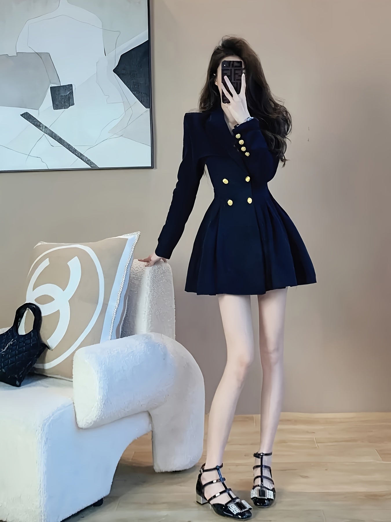 Elegant French-Inspired Navy Blue A-Line Dress for Women - Chic Waist-Cinching, Button-Up Blazer with Lapel Collar, Perfect for Spring\u002FFall, Office or Casual Wear, Office Attire | Frenchinspired Design | Tailored Fit