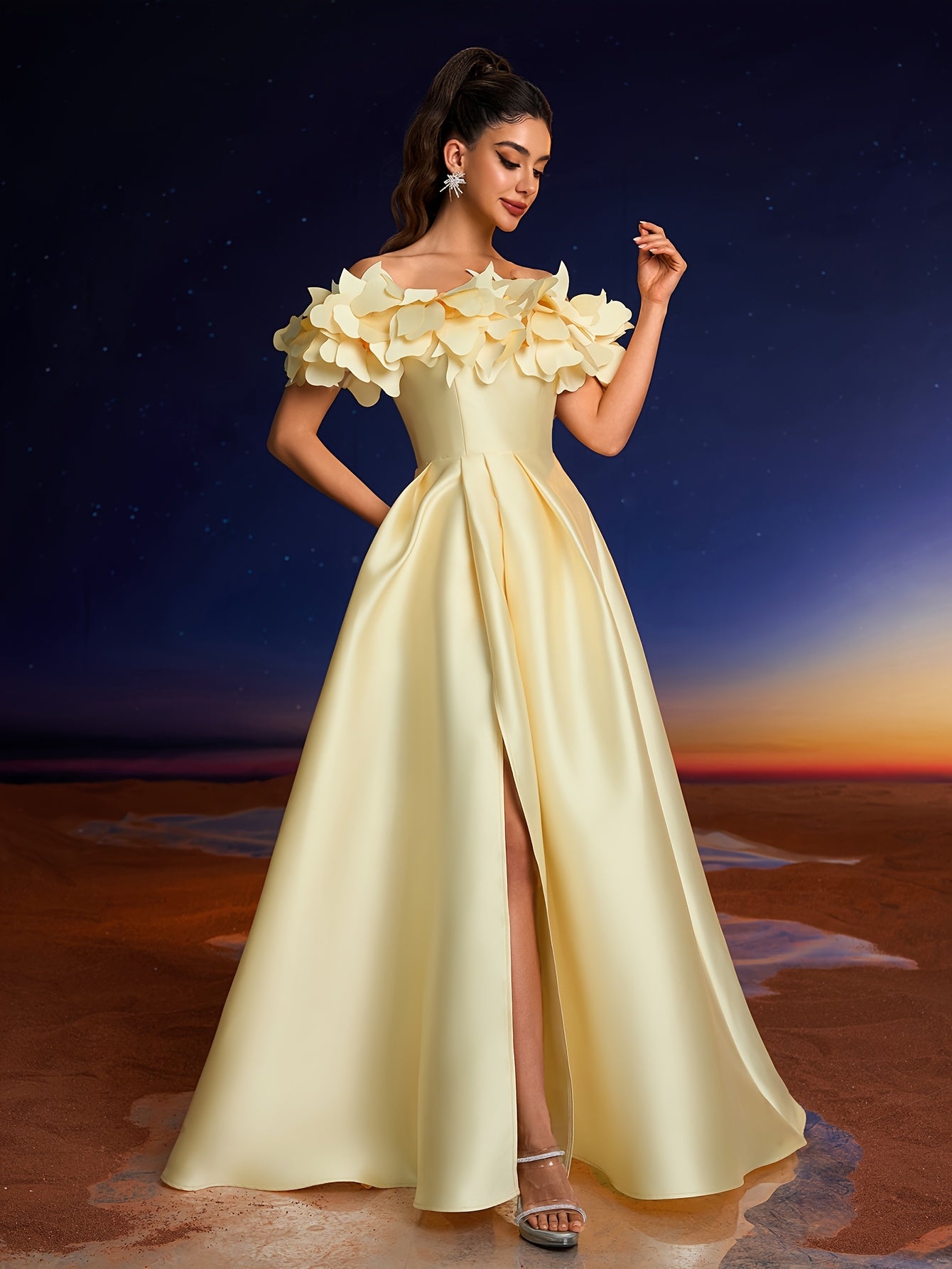Elegant 3D Hand-Painted Floral Off-Shoulder Gown for Women - Chic Yellow Formal Evening Dress with Ruffled Sleeves, Perfect for Parties, Dinners, and Family Gatherings, Formal Evening Gown
