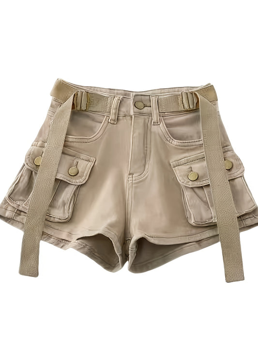 Women's High-Waisted Stretch Slim-Fit Casual Cargo Shorts - Olive Green Retro American Style with Pockets & Built-In Zipper, Machine Washable Summer Shorts for Spring\u002FSummer