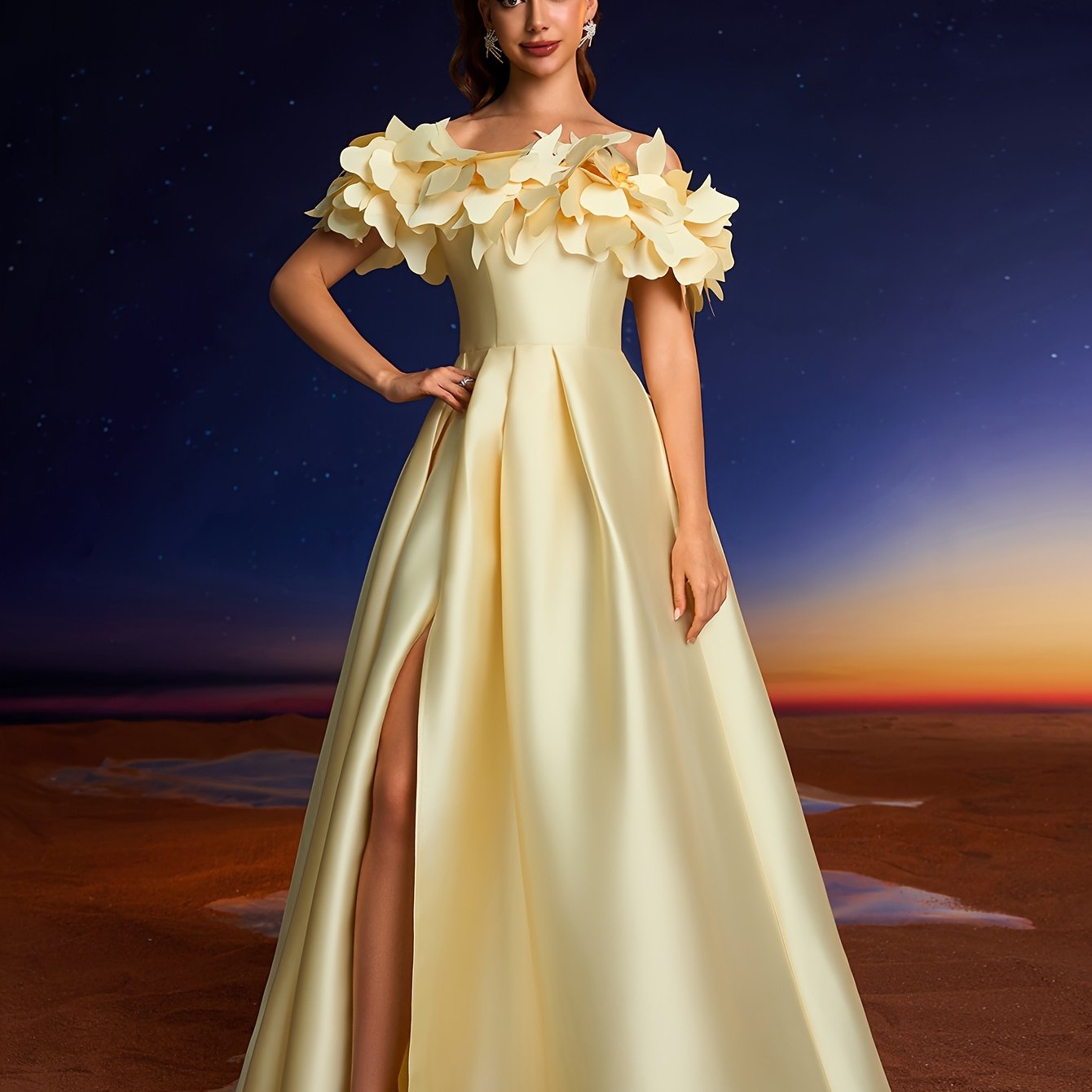 Elegant 3D Hand-Painted Floral Off-Shoulder Gown for Women - Chic Yellow Formal Evening Dress with Ruffled Sleeves, Perfect for Parties, Dinners, and Family Gatherings, Formal Evening Gown
