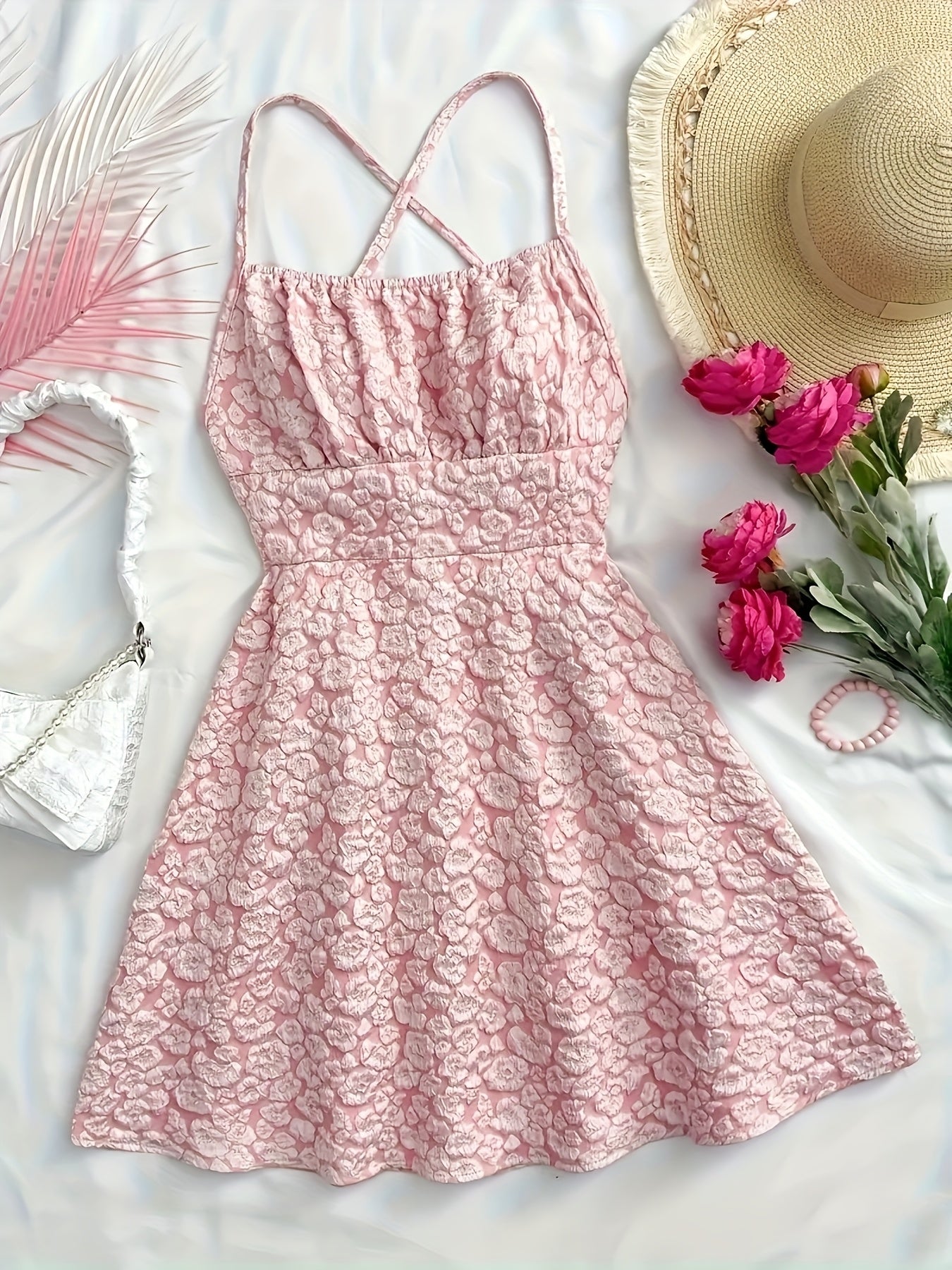 Charming Stone Flower 3D Floral Backless Tie Dress