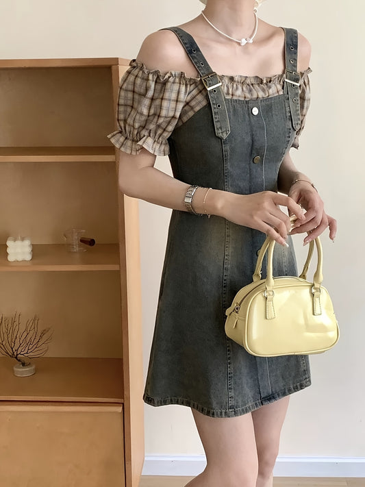 2025 Summer NewJapanese Korean Style Checkered Patchwork Off-shoulder Dress | High Waist Slim Fit Denim Dress
