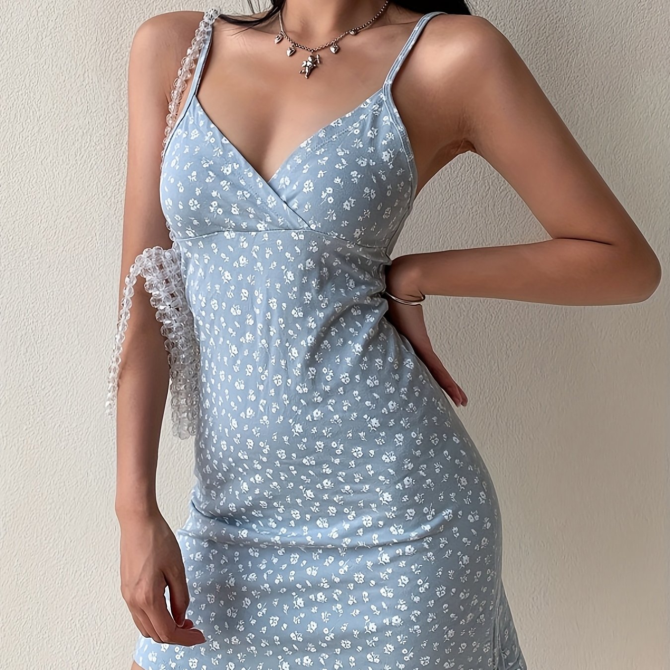 Women's Vintage-Inspired V-Neck Spaghetti Suspender Dress - Lightweight Blue & White Floral Print, Chest Ruching, Hand Wash Only, All-Season Casual to Evening Wear, Summer Fashion, Delicate Detailing