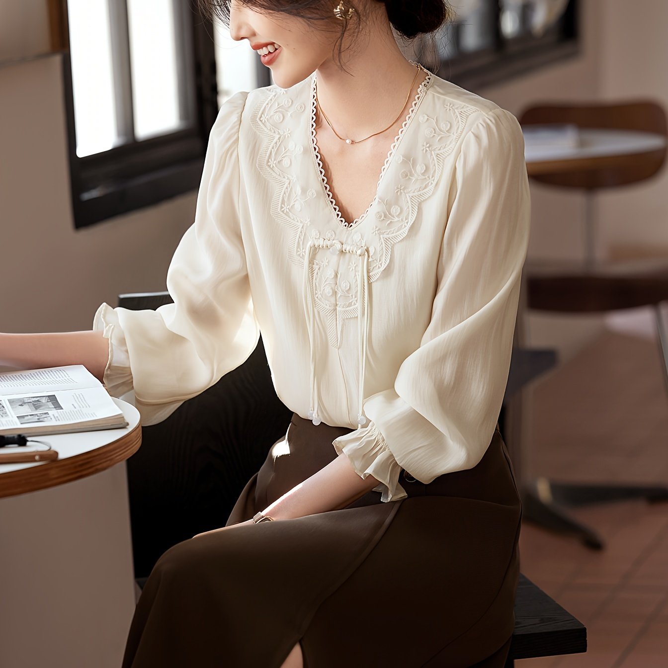 Women's Elegant V-Neck Blouse - Non-Transparent Long Sleeve Shirt, Office & Formal Events - XWI Women's Elegant Shirt for Spring\u002FSummer Everyday & Special Occasions, Special Occasion Top, Intricate Embroidery