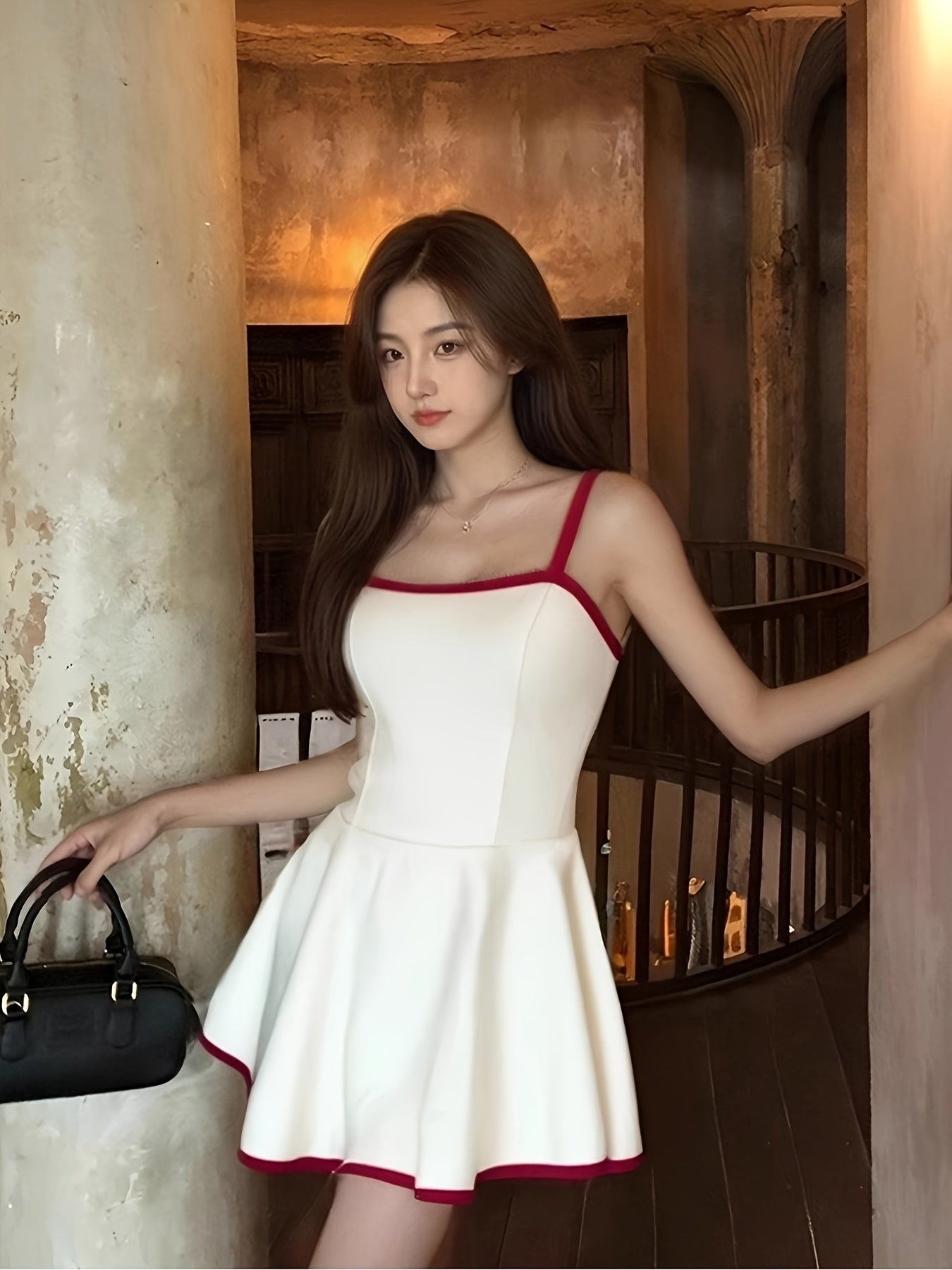 Elegant French-Inspired Color Block Cami Dress - Sleeveless, Backless, Ruffled Hem, Cinched Waist, Summer Chic for Women, White with Red Trim, Polyester Fabric, Cute Dress
