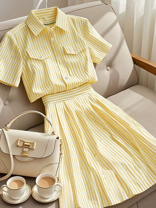 New Hot Women's Bright Yellow Striped Spring\u002FSummer Casual Short Sleeve Turn- Collar Cardigan Shirt and Skirt Cute Two-Piece Set
