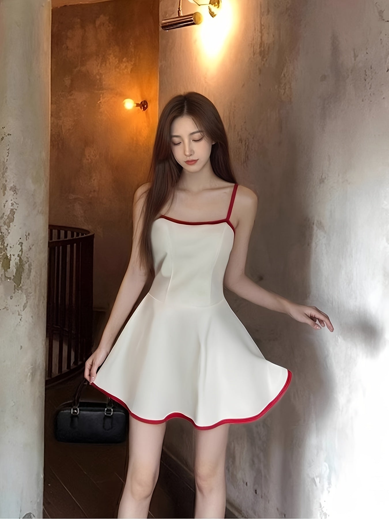 Elegant French-Inspired Color Block Cami Dress - Sleeveless, Backless, Ruffled Hem, Cinched Waist, Summer Chic for Women, White with Red Trim, Polyester Fabric, Cute Dress