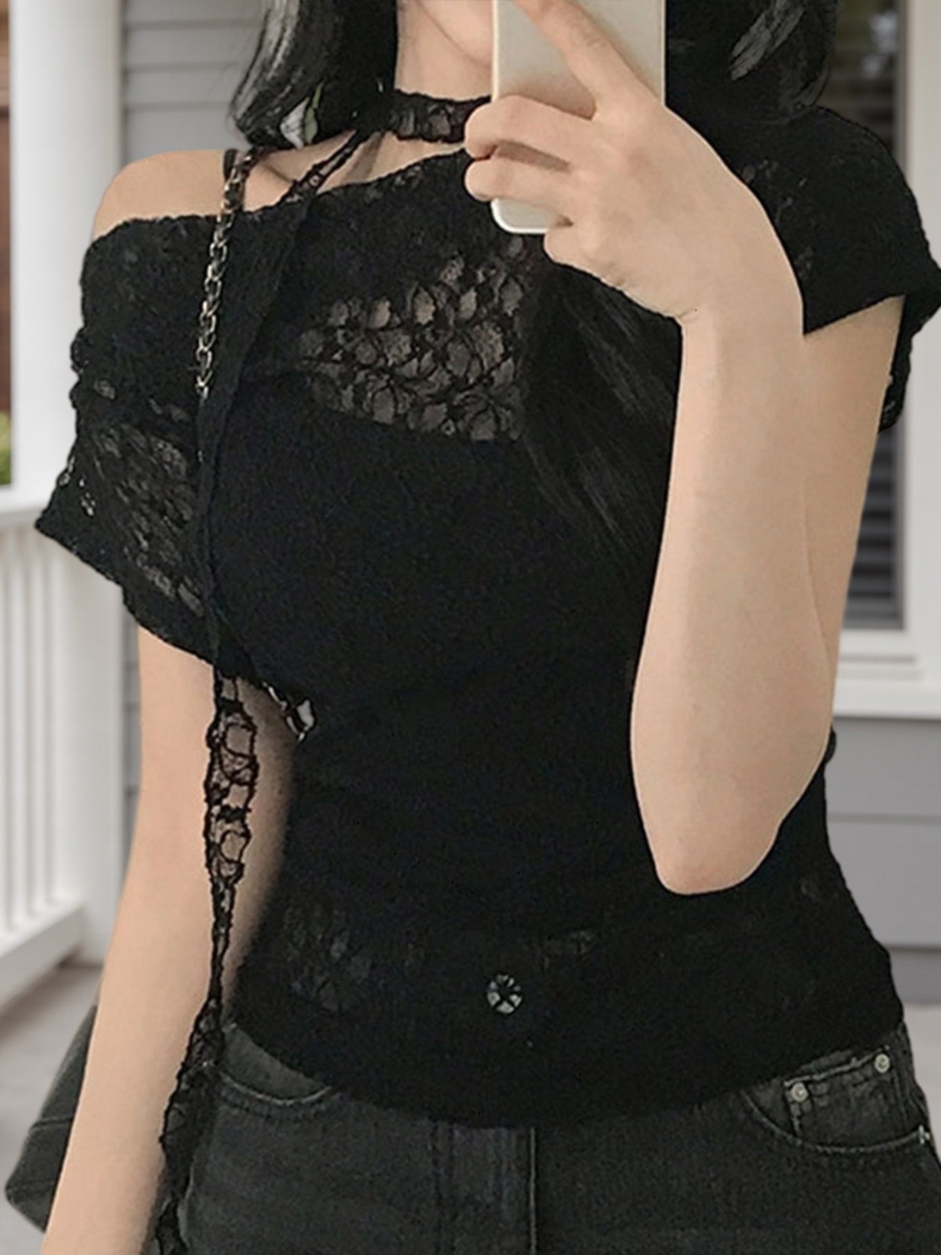 Women'S Summer Lace Off-Shoulder Top with Scarf - Casual Chic Off-Shoulder Blouse, Solid Color, Lightweight & Breathable for Streetwear, Spring\u002FSummer Fashion, Summer Fashion Top | Chic Offshoulder | Lightweight Top