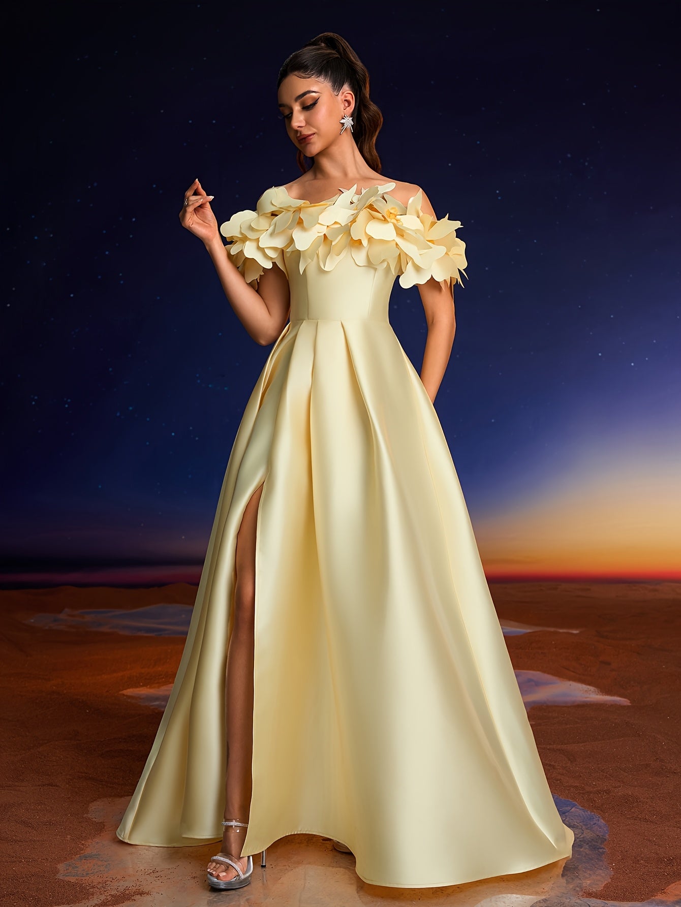 Elegant 3D Hand-Painted Floral Off-Shoulder Gown for Women - Chic Yellow Formal Evening Dress with Ruffled Sleeves, Perfect for Parties, Dinners, and Family Gatherings, Formal Evening Gown