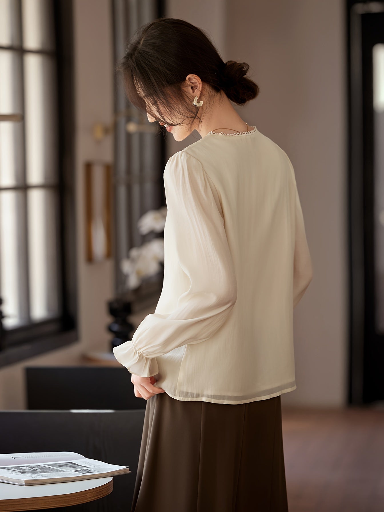 Women's Elegant V-Neck Blouse - Non-Transparent Long Sleeve Shirt, Office & Formal Events - XWI Women's Elegant Shirt for Spring\u002FSummer Everyday & Special Occasions, Special Occasion Top, Intricate Embroidery