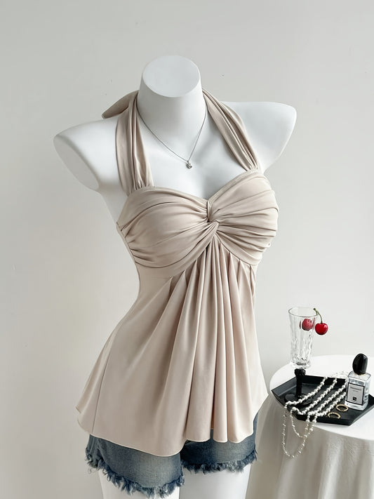 Women'S Peach Color Off-Shoulder Halter Top with Twist Detail - Sexy Backless Design, Solid Color, All-Season Wear, Stylish Halter Top|Trendy Halter Top|Polyester Fabric
