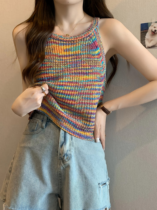 Vibrant Striped Top Vibrant Rainbow Striped Women's Halter Neck Tank Top | Colorful, Stretchy Sleeveless Knit Top for Summer, Spring & Fall, Casual Weekend Wear