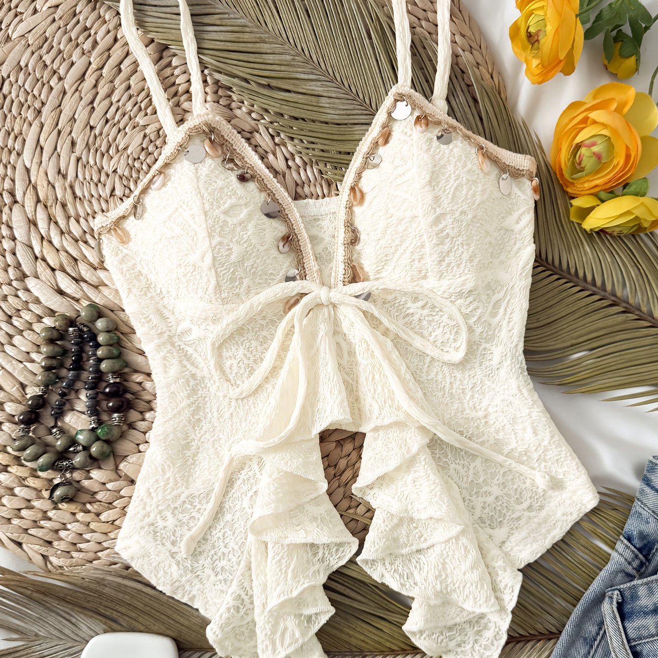 Lightweight Lace Tank Top Lightweight Stretchy Women's Adjustable Strap Off-Shoulder\u002FBoat Neck Lace Trim Tank Top | Polyester\u002FElastane Blend, Semi-Sheer Summer Casual Vacation Beachwear, Machine Washable