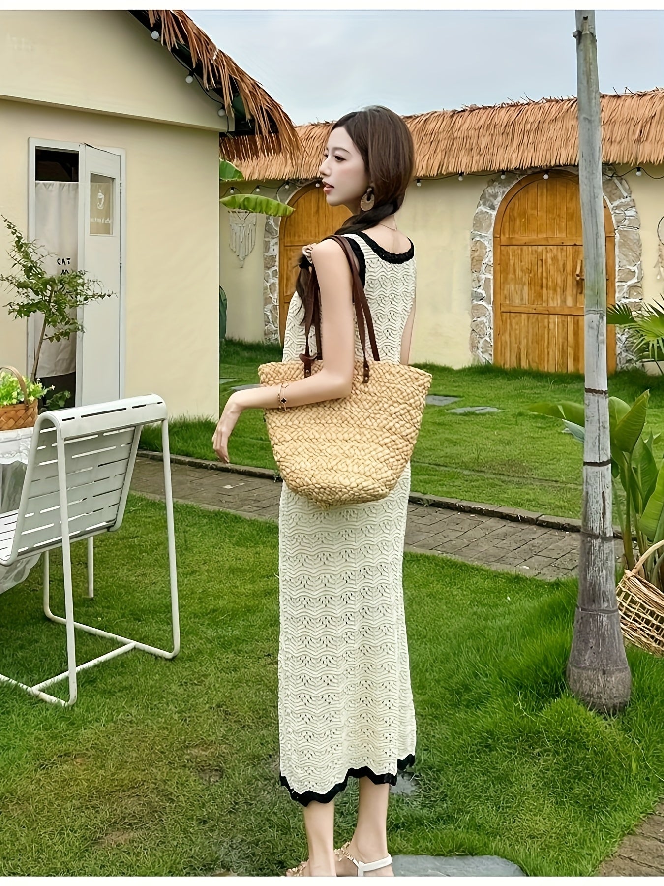 Summer New Vacation Gentle Style Hollow U-Neck Contrast Strap + Design Sensual Crochet High Waist Long Skirt Half-Body Skirt - Beautiful Temperament Set