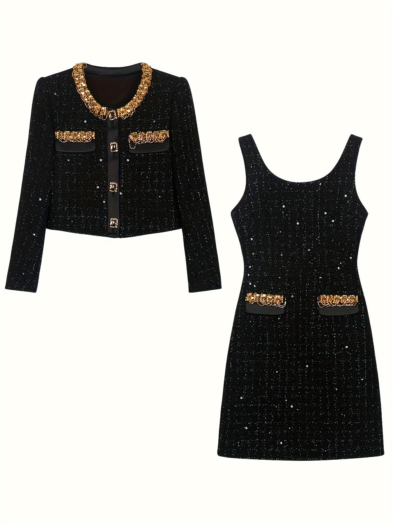Elegant Black Sequin Two-Piece Set with Golden Accents - Sleeveless Mini Dress & Cropped Jacket, Rhinestone Embellishments, Perfect for Fall\u002FWinter Parties, Winter Party Attire|Sequin Embellished|Rhinestone Details