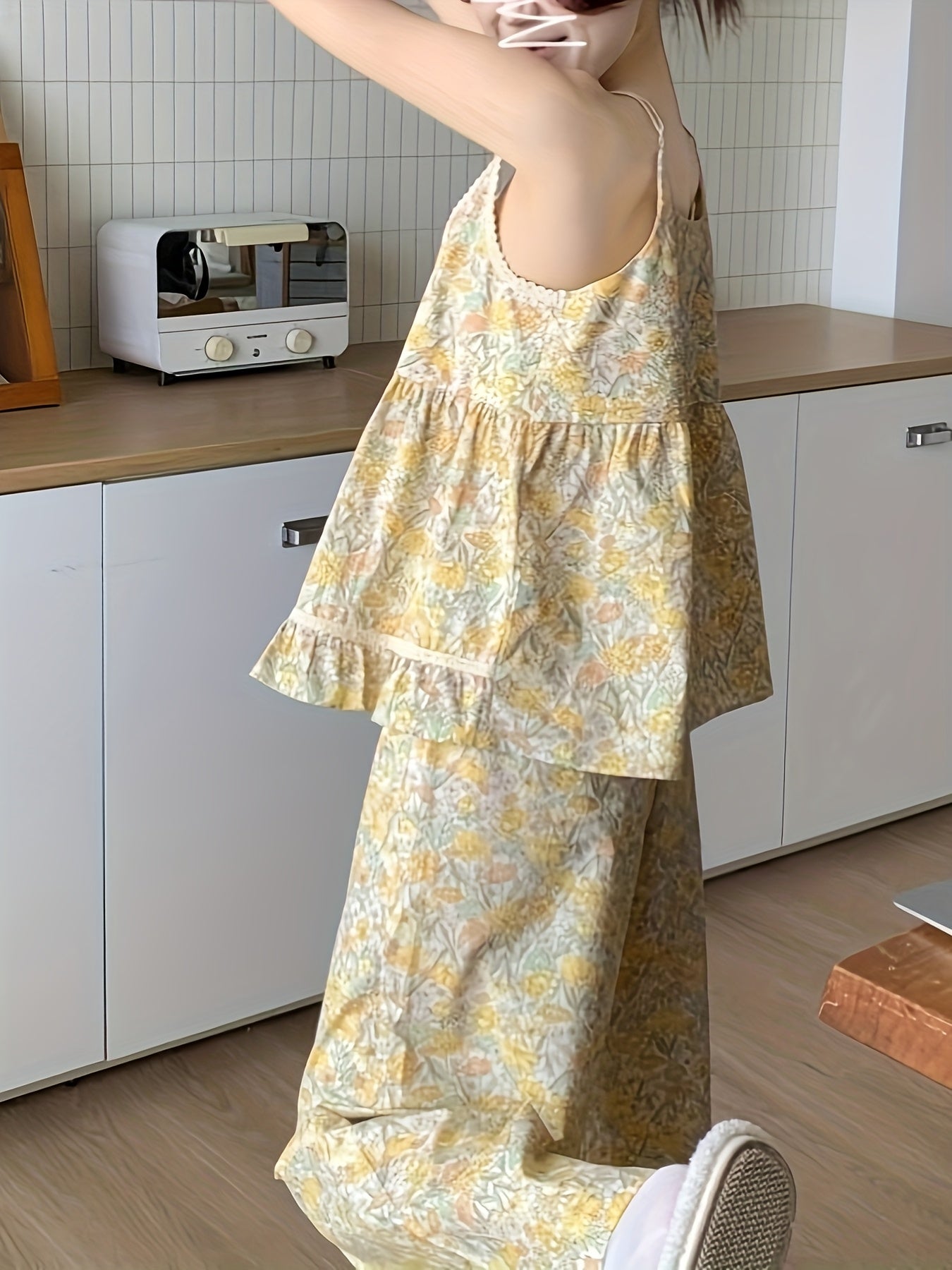 Women'S Sexy Floral Print Cami Top & High-Waisted Pants Set - Sleeveless, Button Detail, Lightweight Summer Loungewear, All-Season Comfort, Casual Home Wear|Floral Print Top|Button Detail Pants, Pajamas