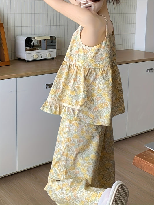 Women'S Sexy Floral Print Cami Top & High-Waisted Pants Set - Sleeveless, Button Detail, Lightweight Summer Loungewear, All-Season Comfort, Casual Home Wear|Floral Print Top|Button Detail Pants, Pajamas