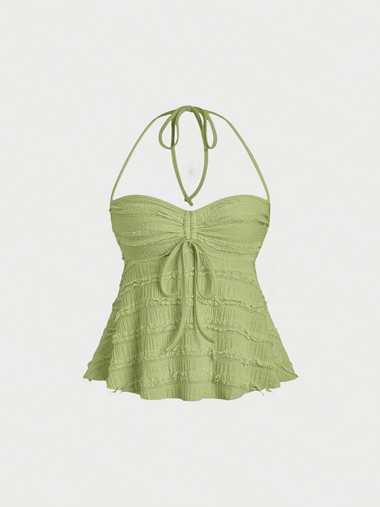 Women's Chic Y2K-Inspired Solid Color Semi-Sheer Halter Top with Tie-Up Backless Design - Sexy Summer Sleeveless Blouse in Lightweight Polyester, Machine Washable, Beach Coverup|Feminine Style|Elastane Blend