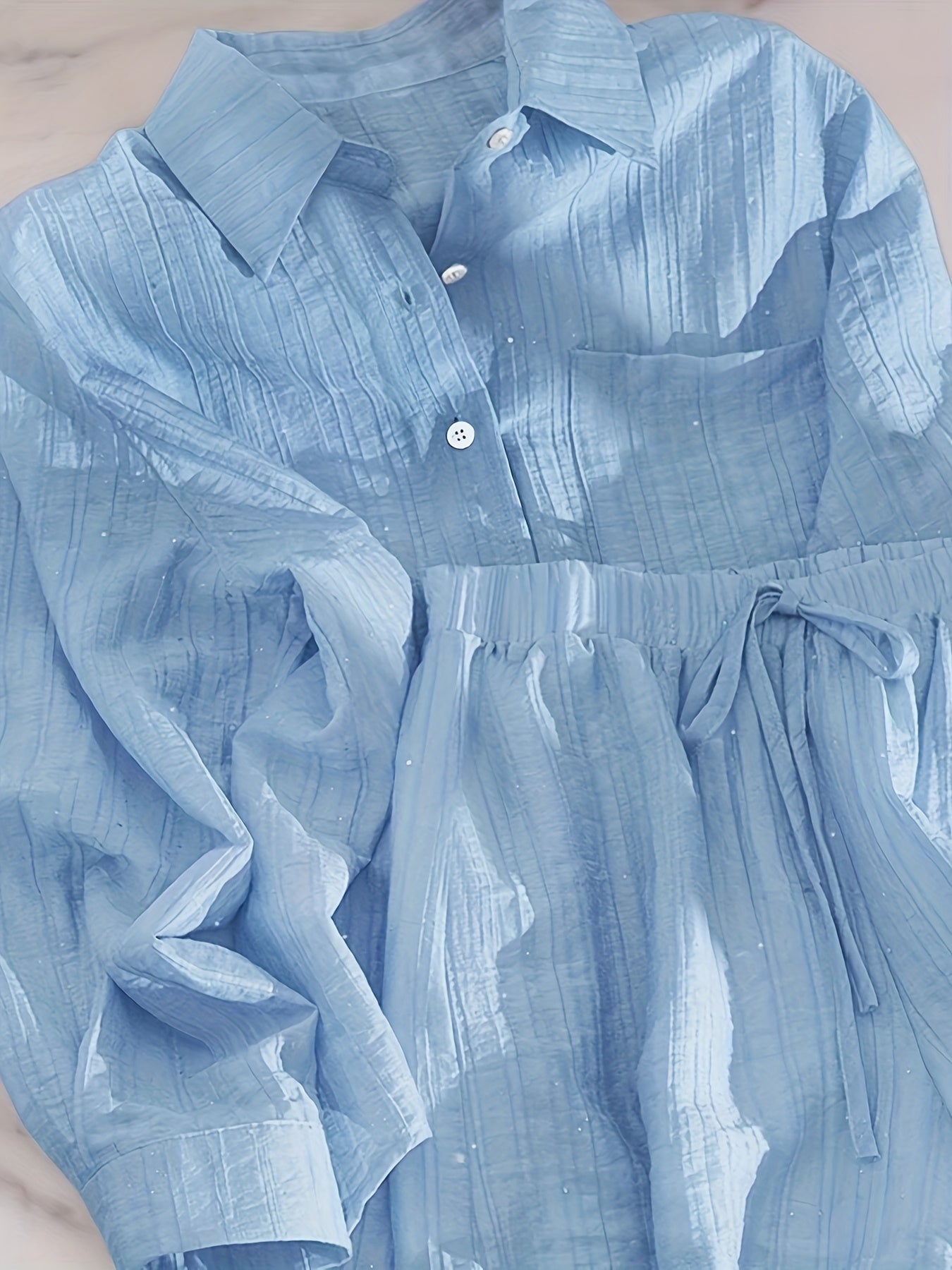Women'S Casual Light Blue Shirt and Shorts Set - Solid Color, Button-Up Blouse with Ruffled Hem, High-Waisted Shorts, Perfect for Spring\u002FFall, Casual Attire|Ruffled Hem Shirt|Polyester Fabric