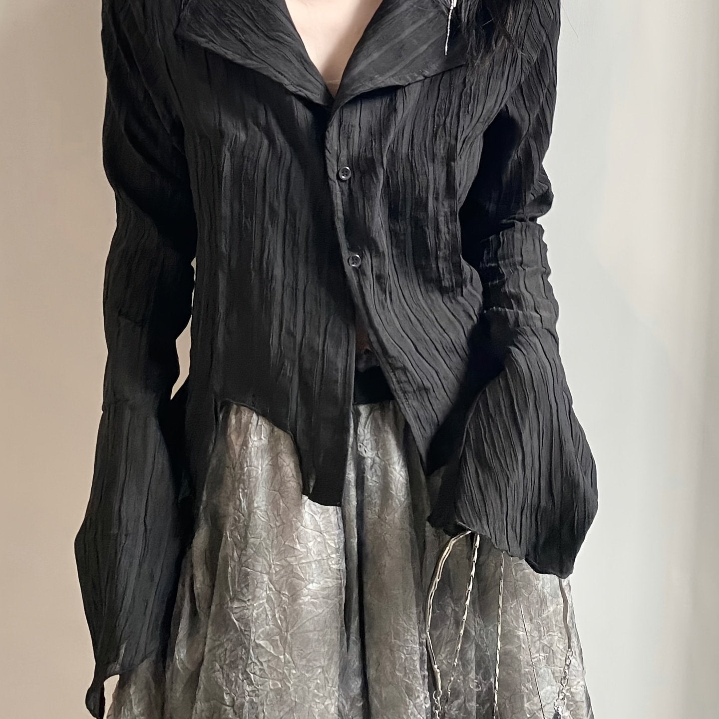 Women's Asymmetrical New Design Long-Sleeve Shirt - Vintage Slim Fit Blouse with V-Neck and Button Details, Versatile for Spring\u002FAutumn Wear, Machine Washable, Stylish & Durable Fabric, Chic Casual Look