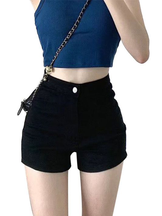 Women's Summer Denim Shorts - Slim Fit High Waist with Multiple Pockets, Solid Black Street Style Casual Shorts, Machine Washable & Dry Cleanable