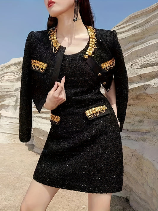 Elegant Black Sequin Two-Piece Set with Golden Accents - Sleeveless Mini Dress & Cropped Jacket, Rhinestone Embellishments, Perfect for Fall\u002FWinter Parties, Winter Party Attire|Sequin Embellished|Rhinestone Details