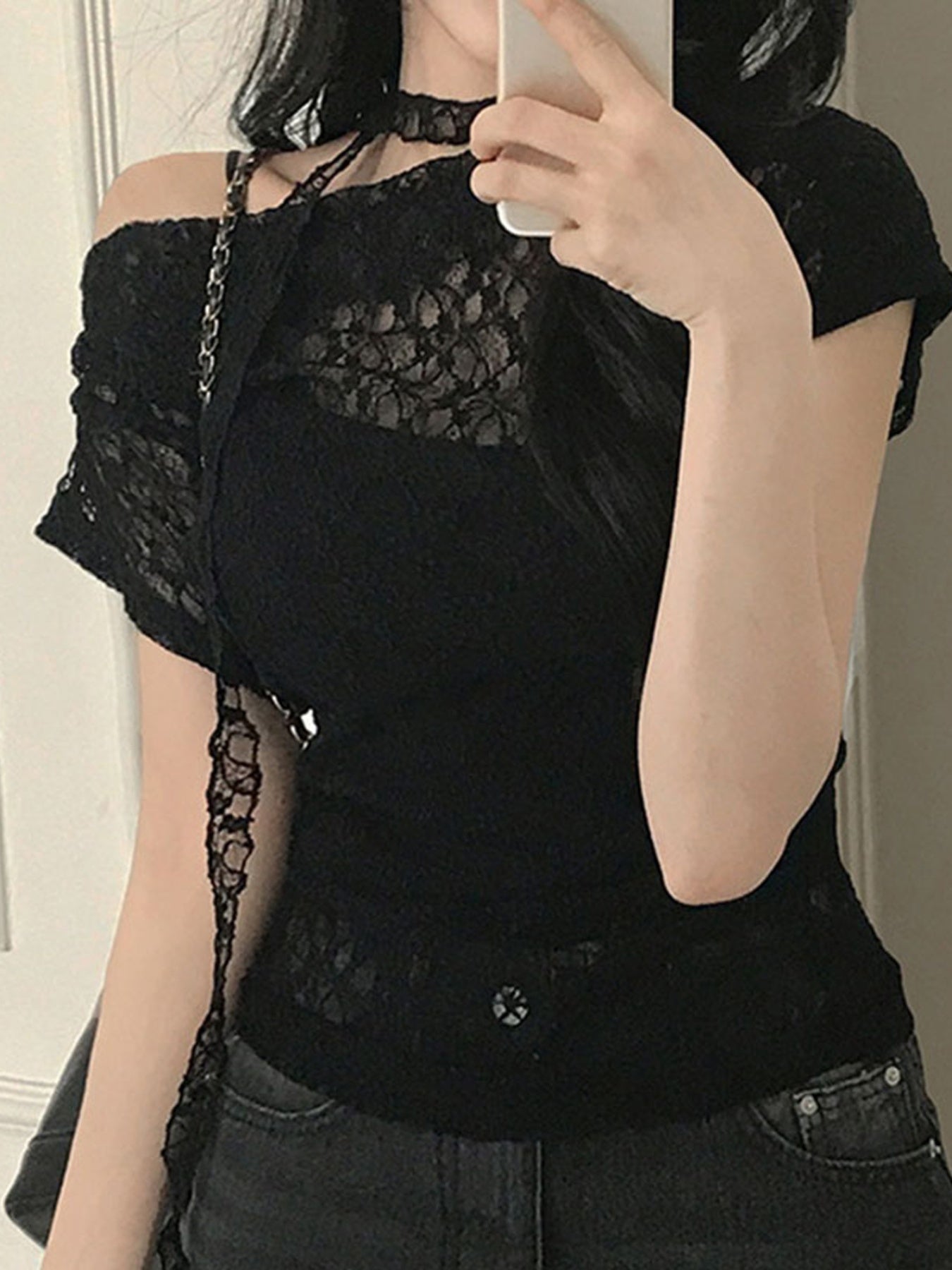 Women'S Summer Lace Off-Shoulder Top with Scarf - Casual Chic Off-Shoulder Blouse, Solid Color, Lightweight & Breathable for Streetwear, Spring\u002FSummer Fashion, Summer Fashion Top | Chic Offshoulder | Lightweight Top